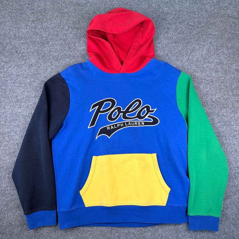 Polo Ralph Lauren Hoodie Mens L Colorblock Spellout Script Logo Pullover Fleece